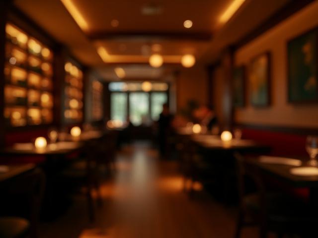 Interior de un restaurante de lujo con iluminación cálida y clientes cenando