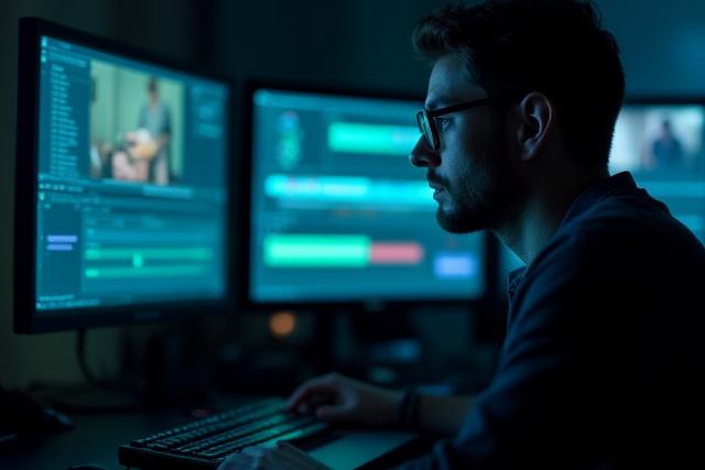 Editor de video trabajando en una suite de post-producción con múltiples pantallas.