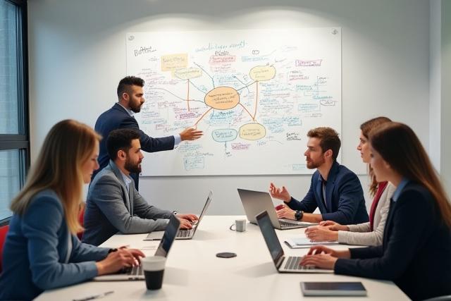 Equipo de consultores discutiendo ideas creativas en una sala de reuniones moderna.